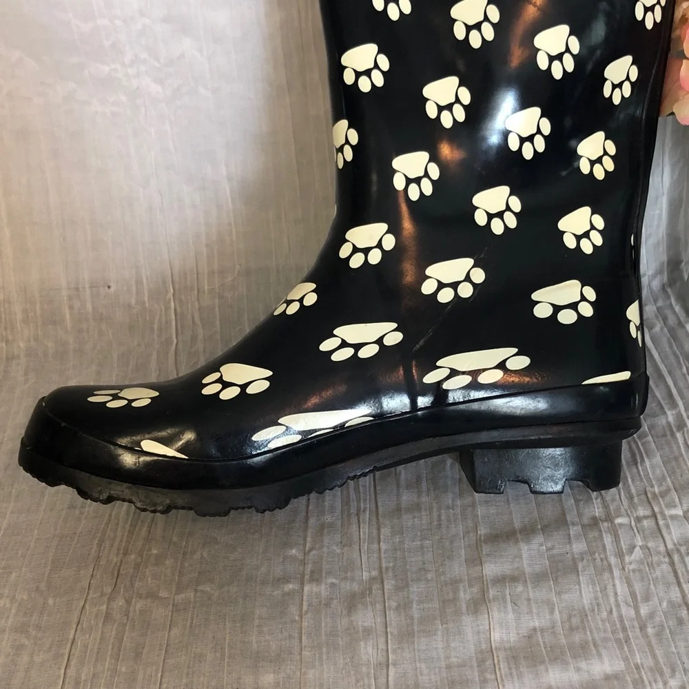 NORTY size 9 navy & white dog cat paw print mid calf rubber rain garden boots